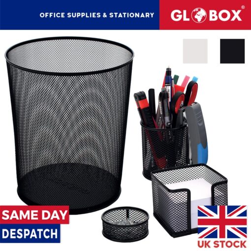 Metal Mesh Bin & Office Set Pen Pot Tidy Note Block Cube Holder
