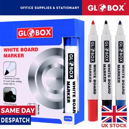 12 x White Board Marker Premium Pen Pack - Bullet Tip - Blue, Red, Black