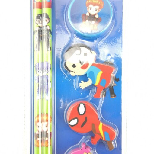 Quality Pencil Set with 3pcs Printed Erasers and Sharpener - Back to School Kids - CARTOON CHARACTERS