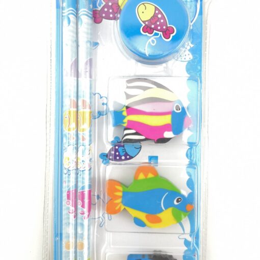 Quality Pencil Set with 3pcs Printed Erasers and Sharpener - Back to School Kids - FISH