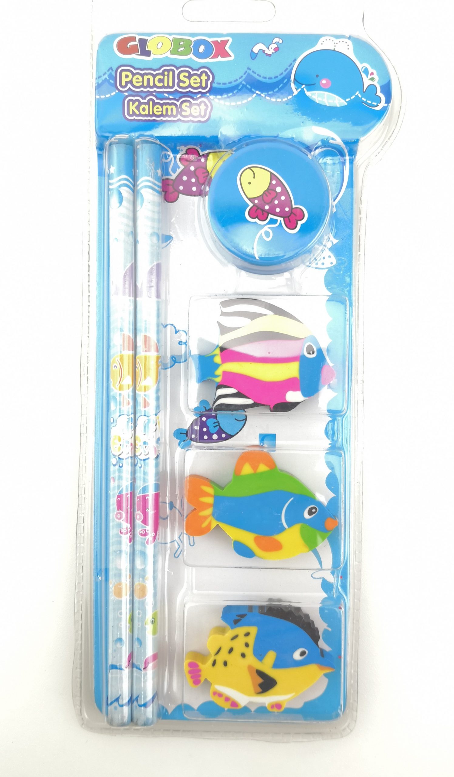 Quality Pencil Set with 3pcs Printed Erasers and Sharpener - Back to School Kids - FISH