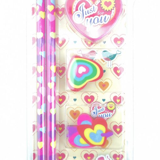Quality Pencil Set with 3pcs Printed Erasers and Sharpener - Back to School Kids - LOVE