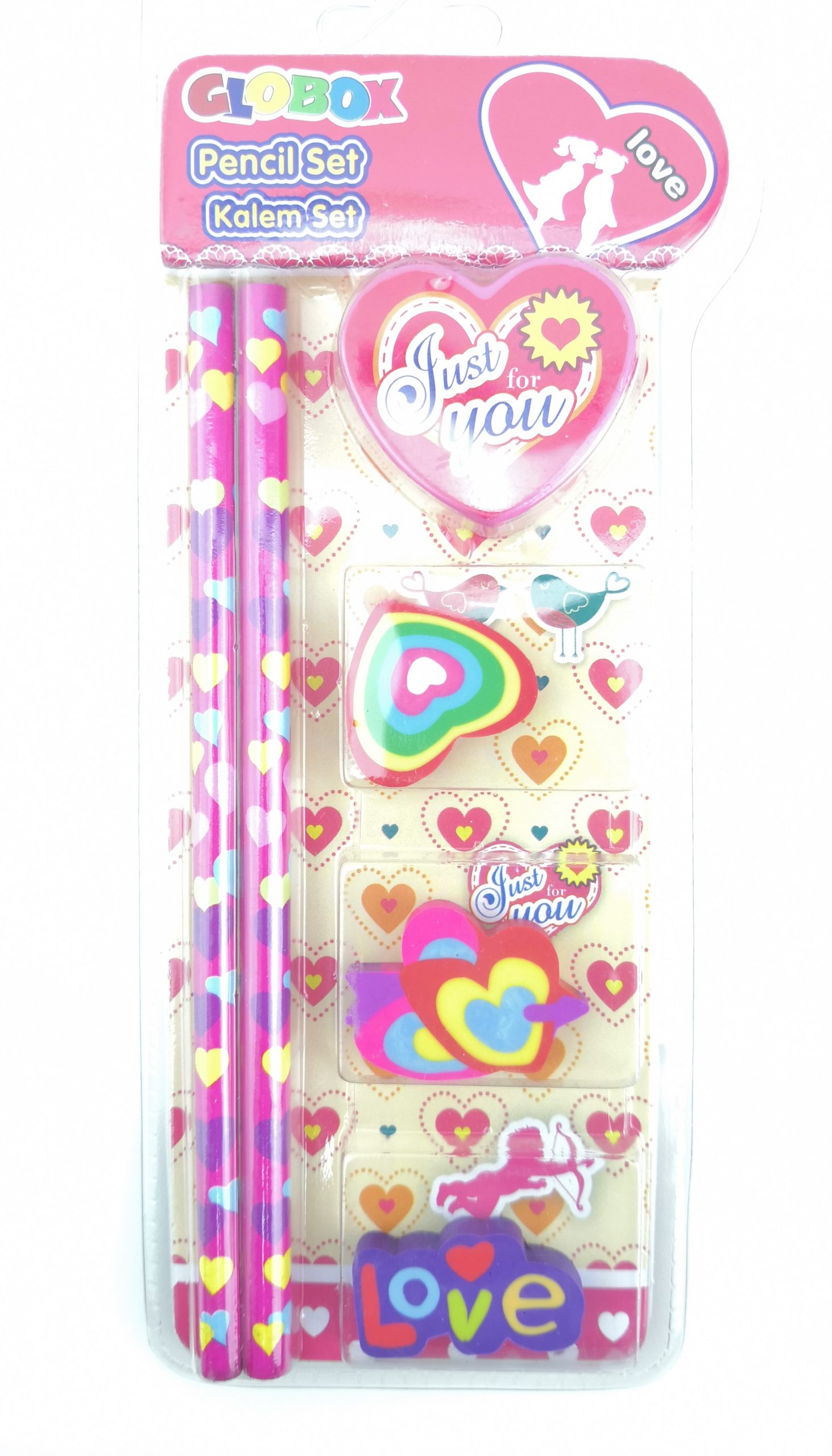 Quality Pencil Set with 3pcs Printed Erasers and Sharpener - Back to School Kids - LOVE