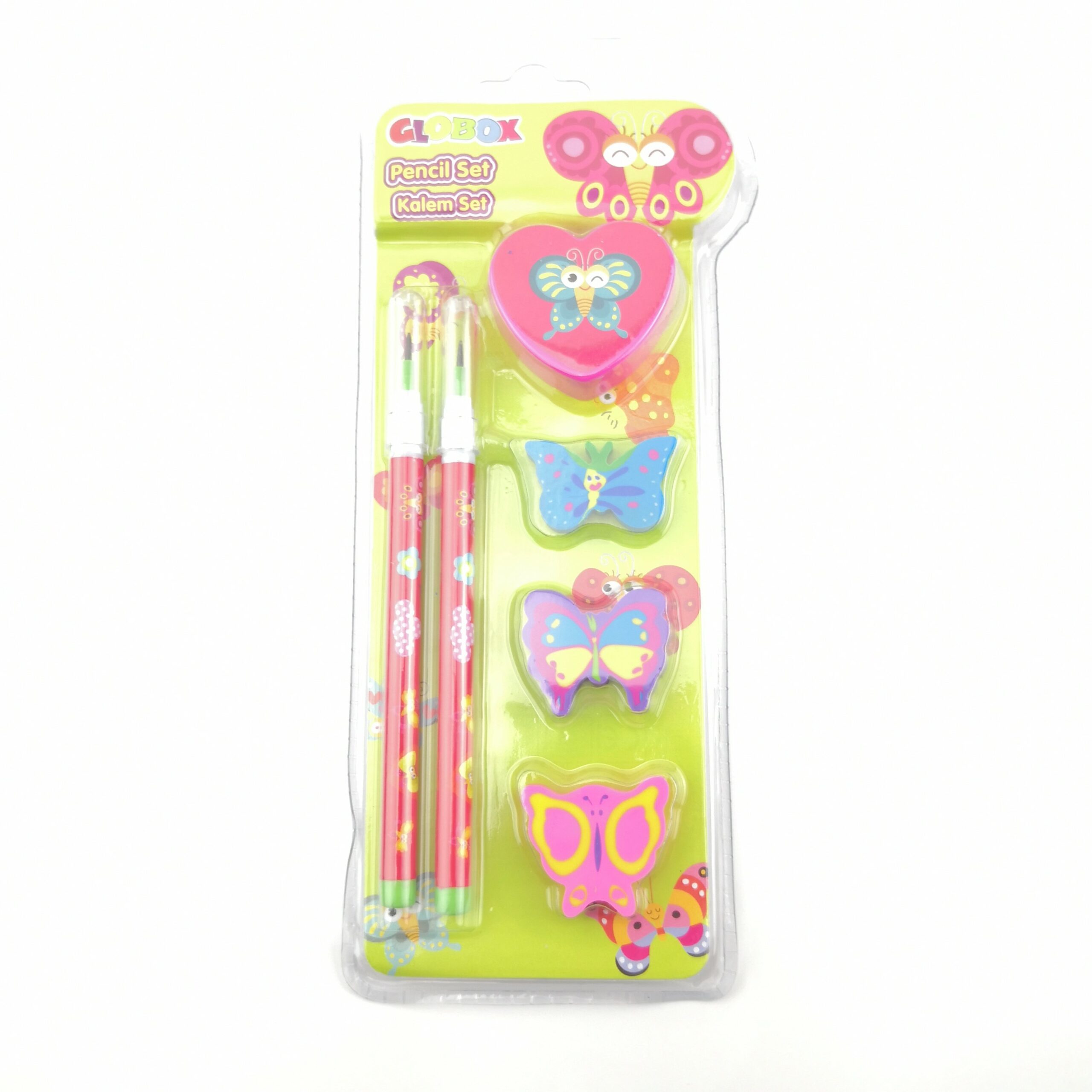 Quality Pencil Set with 3pcs Printed Erasers and Sharpener - Back to School Kids - BUTTERFLY