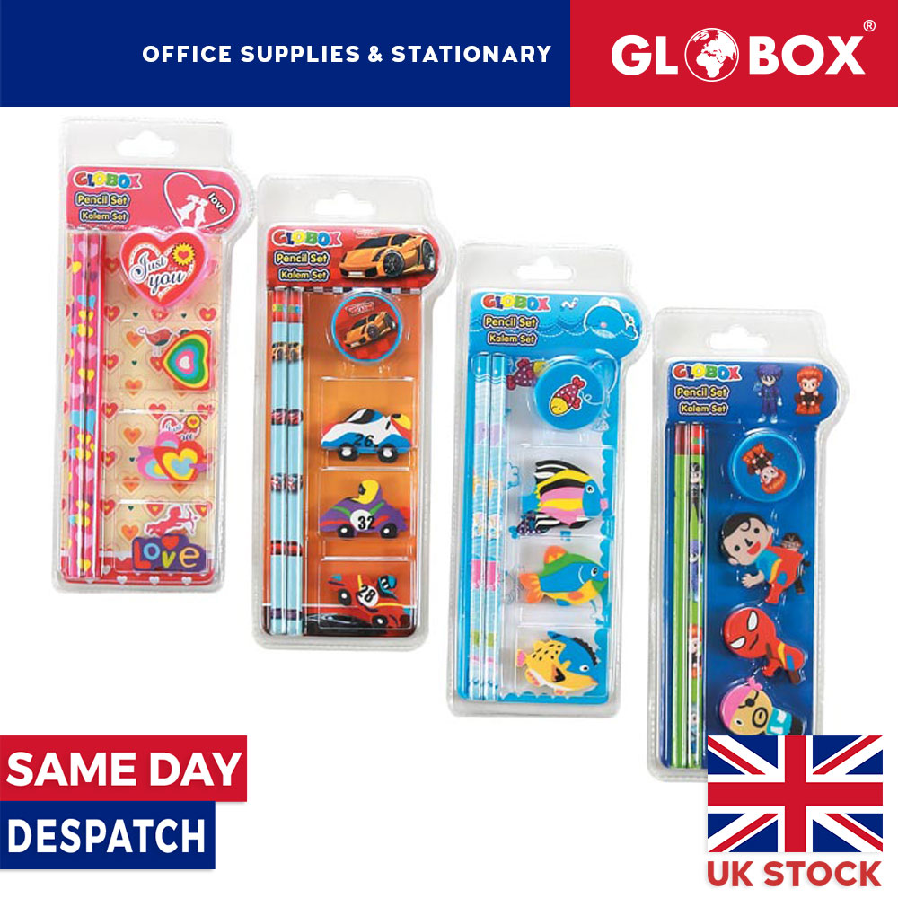 Quality Pencil Set with 3pcs Printed Erasers and Sharpener - Back to School Kids