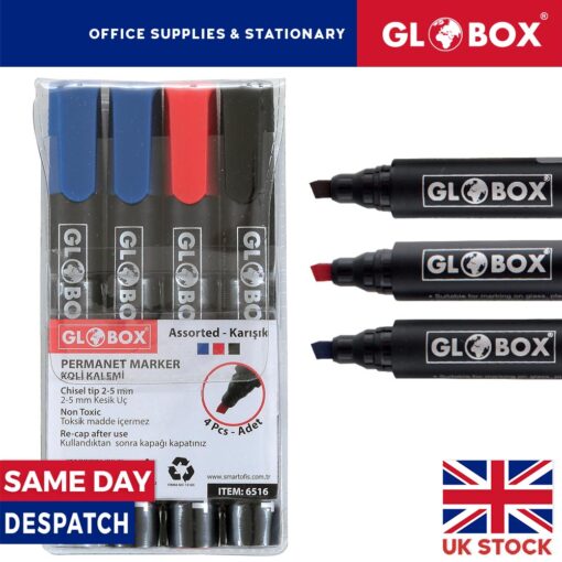 2 Packs of Permanent Marker Pens - Chisel Tip 4 Pcs (2 Blue, 1 Black, 1 Red)
