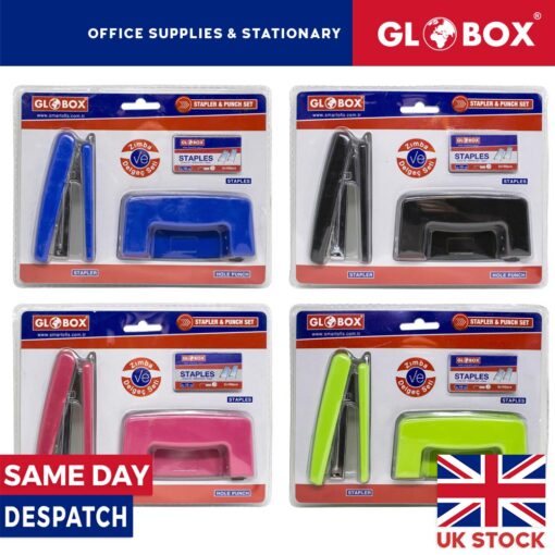 Metal Stapler and Hole Punch + 500 Staples - Desk Set - School and Office use