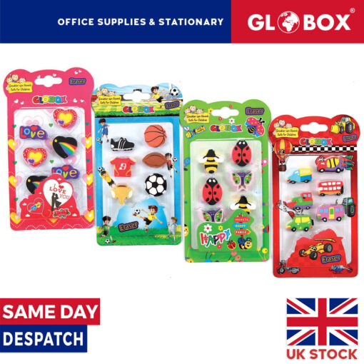 Figured Eraser Pack of 6 pcs, Heart/ Football/Ladybug/Vehicles