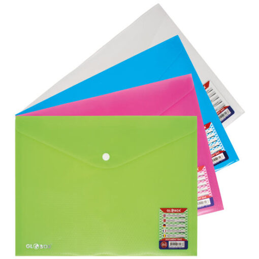 4 x A4 Plastic Button Wallet - Neon Coloured - Files Folders Filing School Office