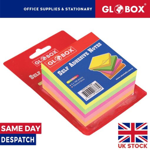 2 x Post It Sticky Notes Removable Self Adhesive 75mm x 75mm x 400 Sheets - Neon Colours